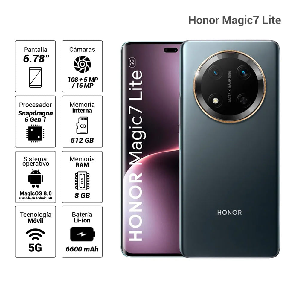Imagen 2 del producto Celular Honor Magic7 Lite 5G 512GB, 8GB RAM, cámara trasera 108MP y frontal 16MP, 6.78"", negro titanio