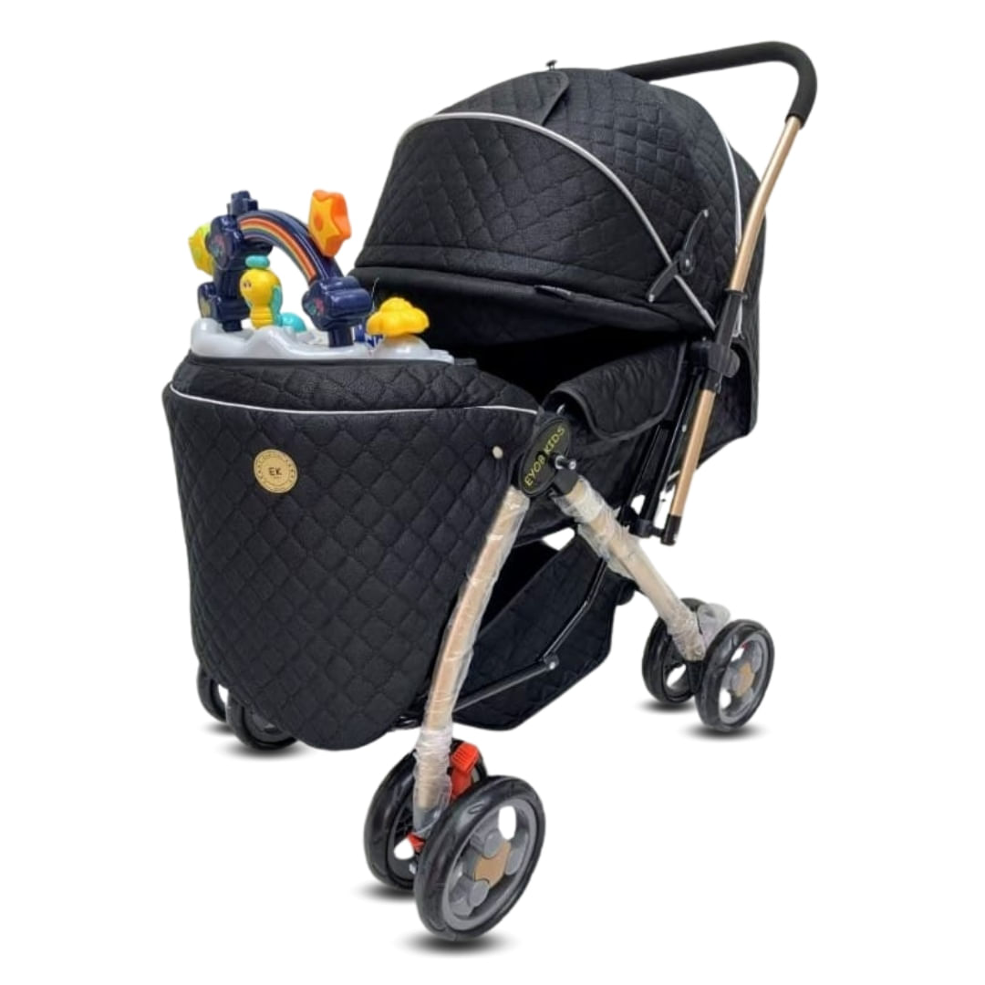 Coche cuna musical de lujo Summer Day, edición limitada, capota expandible, respaldo reclinable, arnés de seguridad, juguetes didácticos, negro