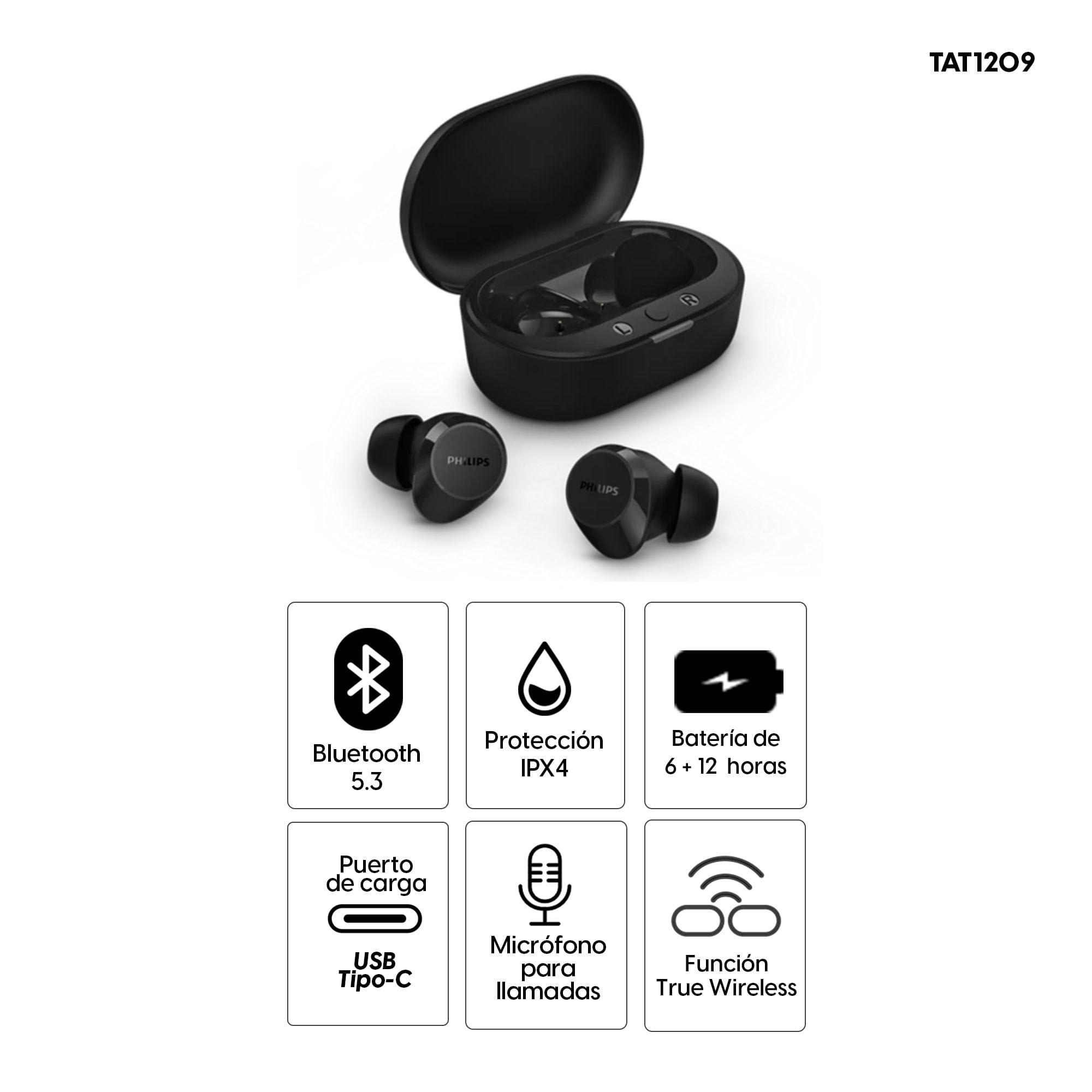 Imagen 2 del producto Audífonos bluetooth True Wireless Philips TAT1209 control táctil, resistencia IPX4, duración máx. 18 horas con estuche de carga, negro