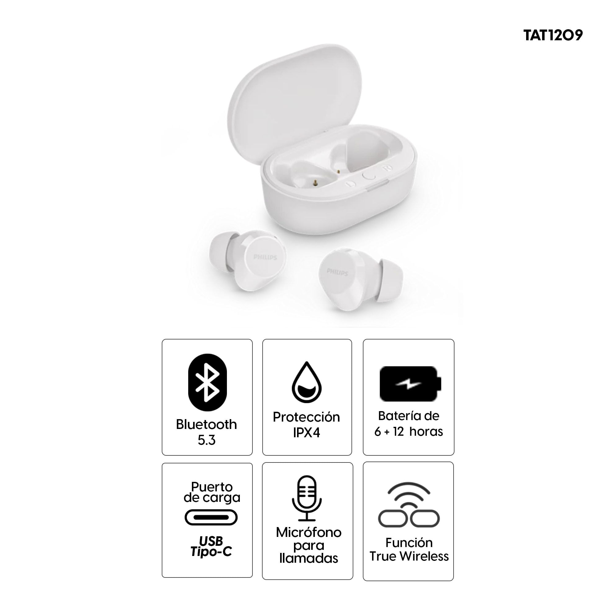 Imagen 2 del producto Audífonos bluetooth True Wireless Philips TAT1209 control táctil, resistencia IPX4, duración máx. 18 horas con estuche de carga, blanco