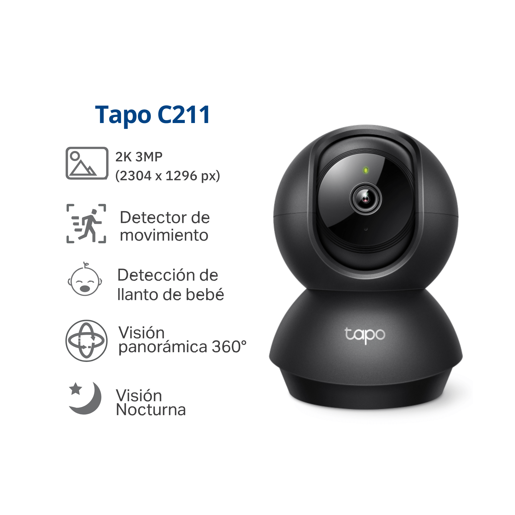 Imagen 2 del producto Cámara de seguridad Tapo C211 2K para interiores, rotación 360°, negro