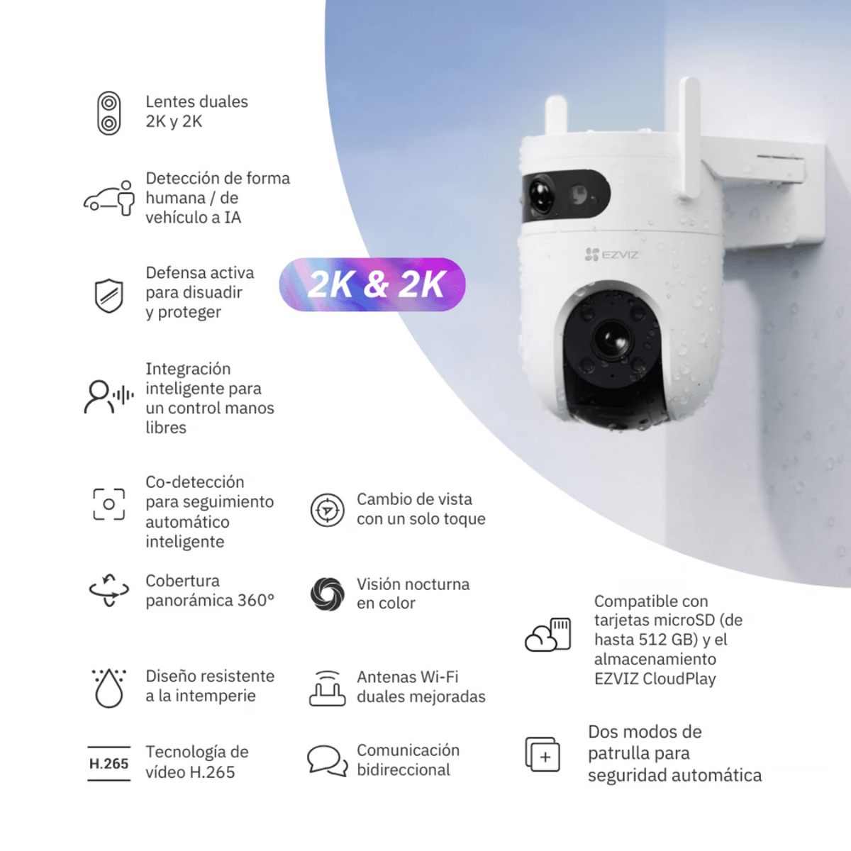 Imagen 2 del producto Cámara de seguridad Ezviz para exterior H9C 2K & 2K, blanco + Micro SD 64GB - CS-H9C2K-SD64