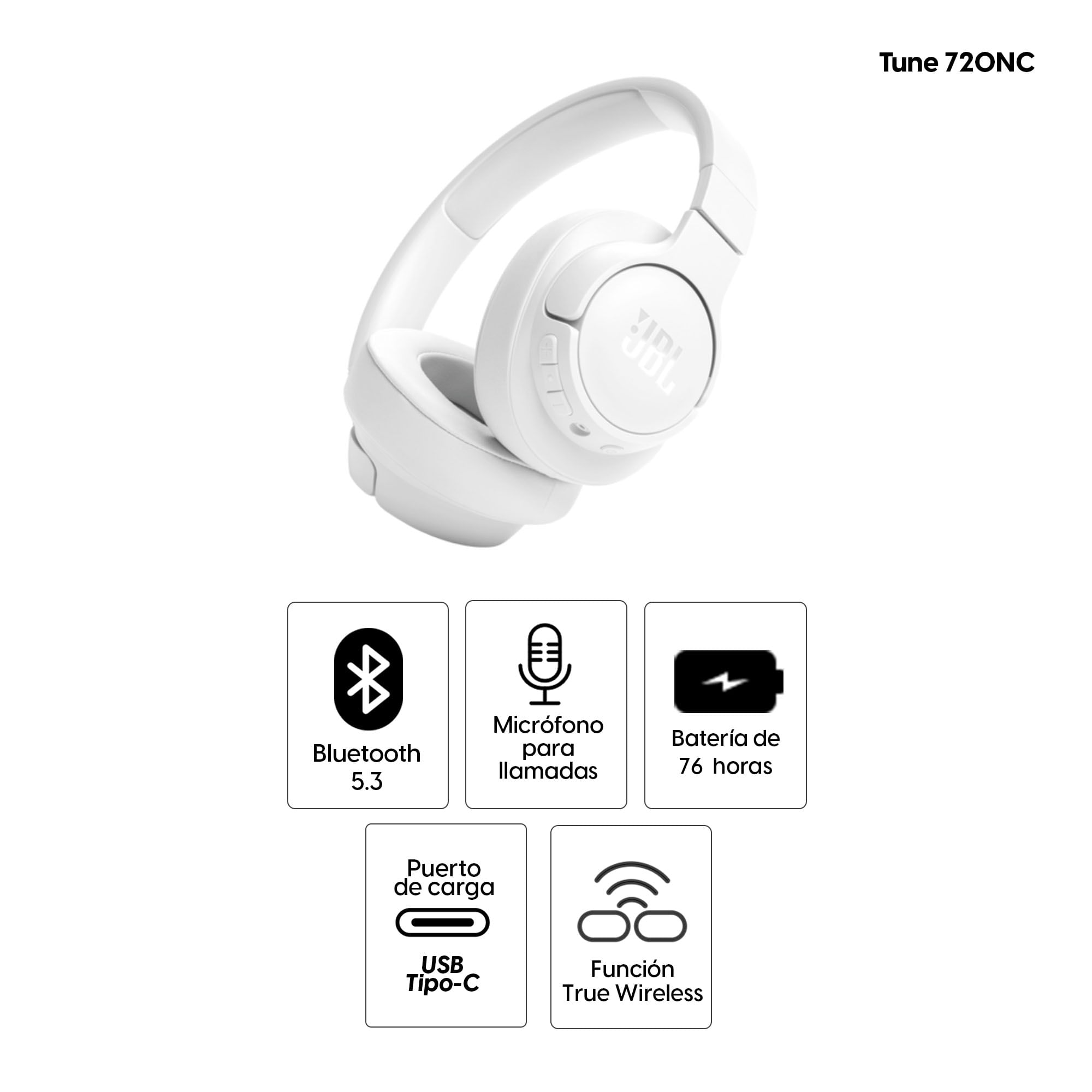 Imagen 2 del producto Audífonos bluetooth on ear JBL Tune 720, máx. 76 horas, control de música y llamadas, blanco