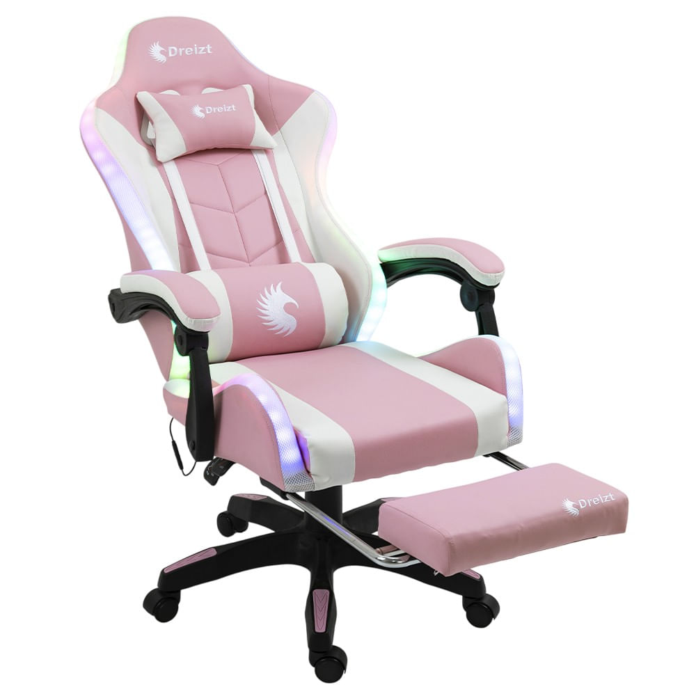 Silla gamer ergonómica Dreizt Shine RGB Series, luces con posapies reclinable, rosado