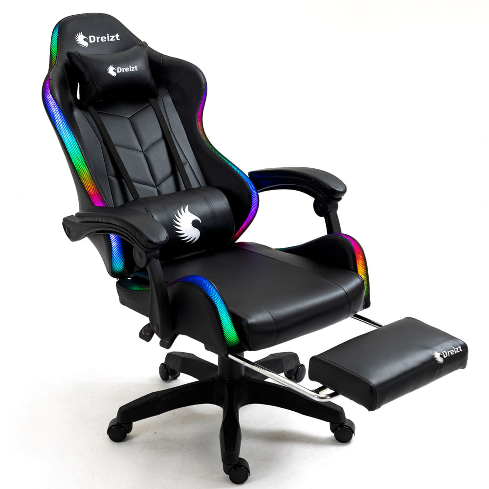 Silla gamer ergonómica Dreizt Shine RGB Series, máx. 120kg, inclinación 155°, negro