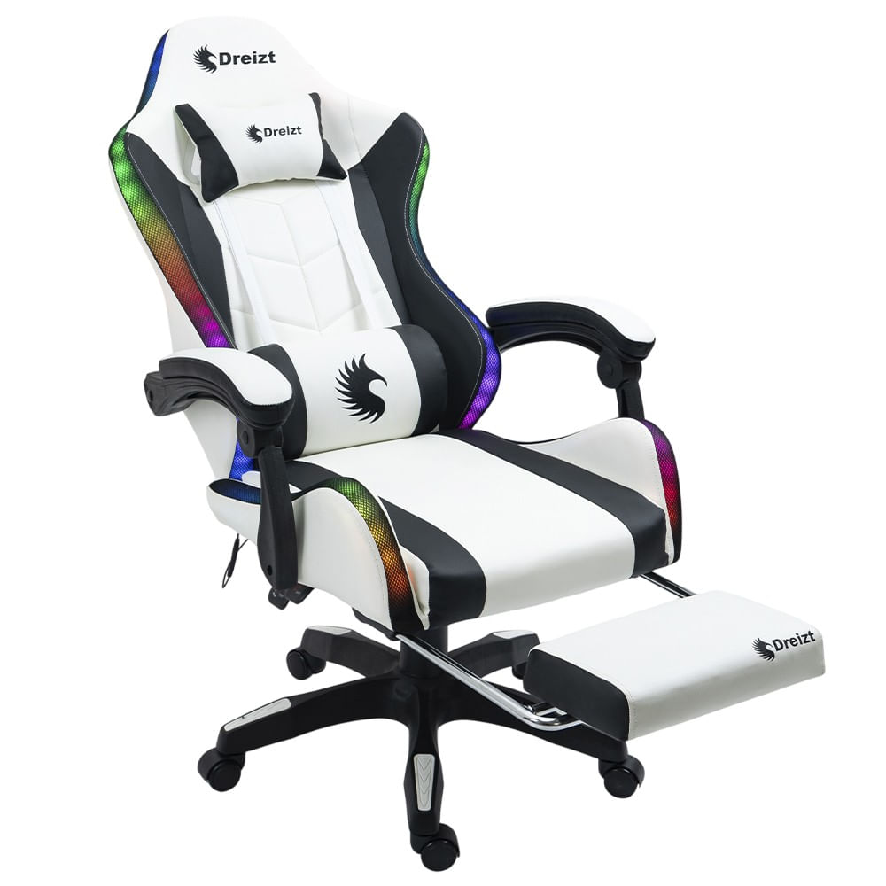 Silla gamer ergonómica Dreizt Shine RGB Series, luces con posapies reclinable, blanco