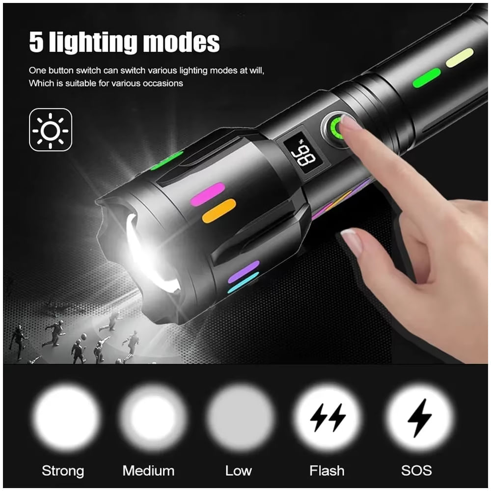 Imagen 2 del producto Linterna táctica, recargable, emergencia, zoom, 2000m, alta potencia, LED, carga rápida, IPX6, negro