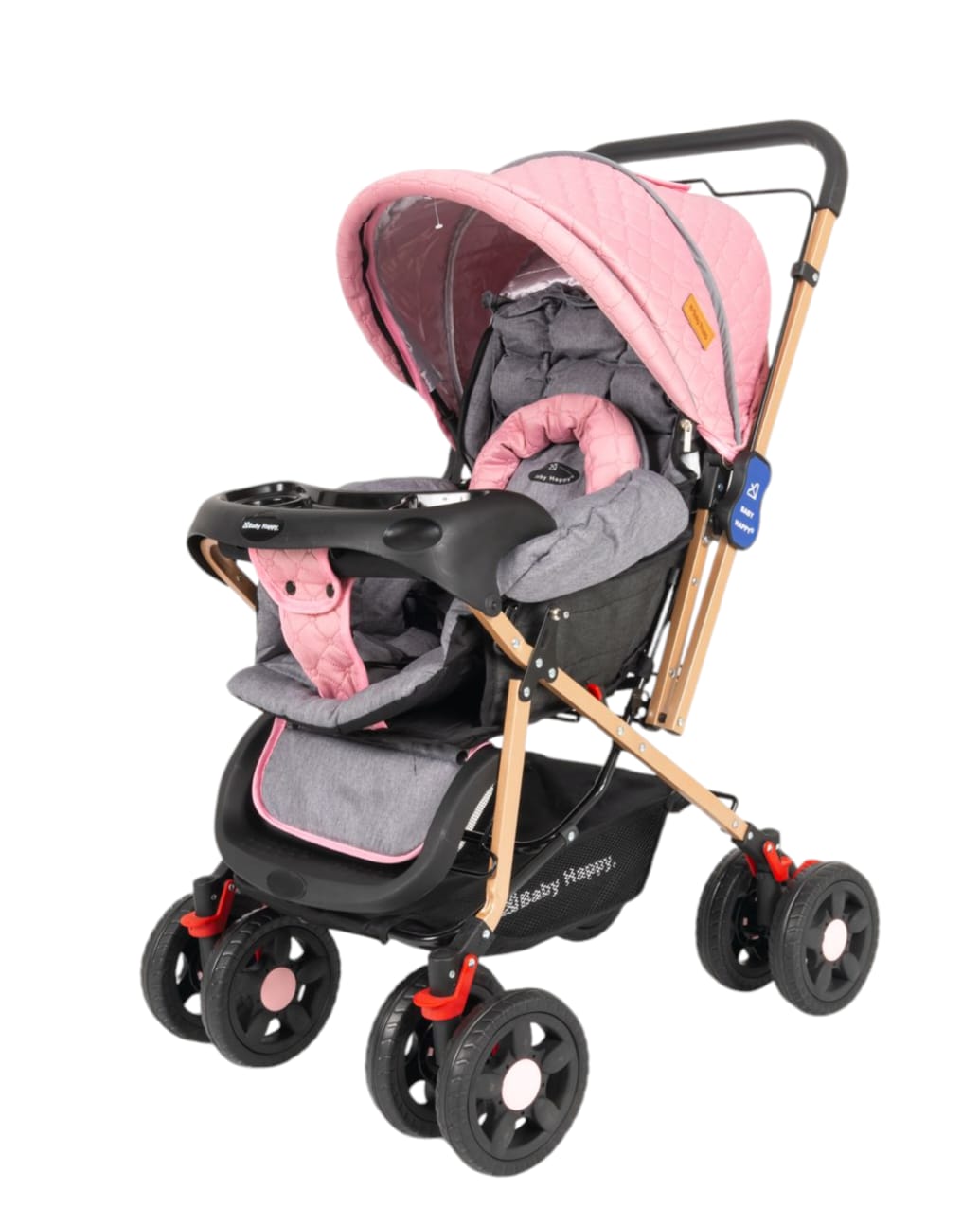 Coche para bebé Baby Happy Golden New Deluxe, con tul, asiento acolchado, rosa