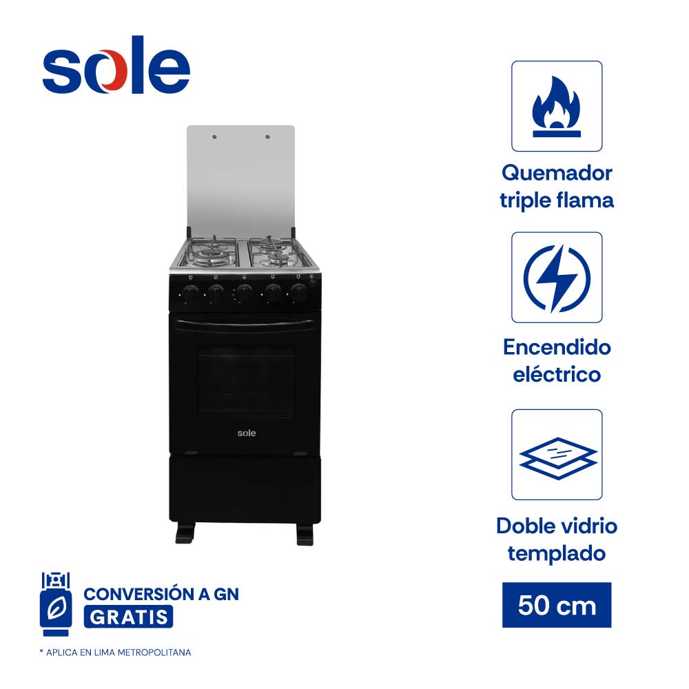 Imagen 2 del producto Cocina de pie Sole Cali 4 quemadores, triple flama, 50 cm, negro