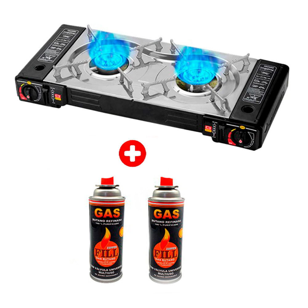 Cocina a gas portátil 2 hornillas, picnic camping, 2 gas butano fill 480ml