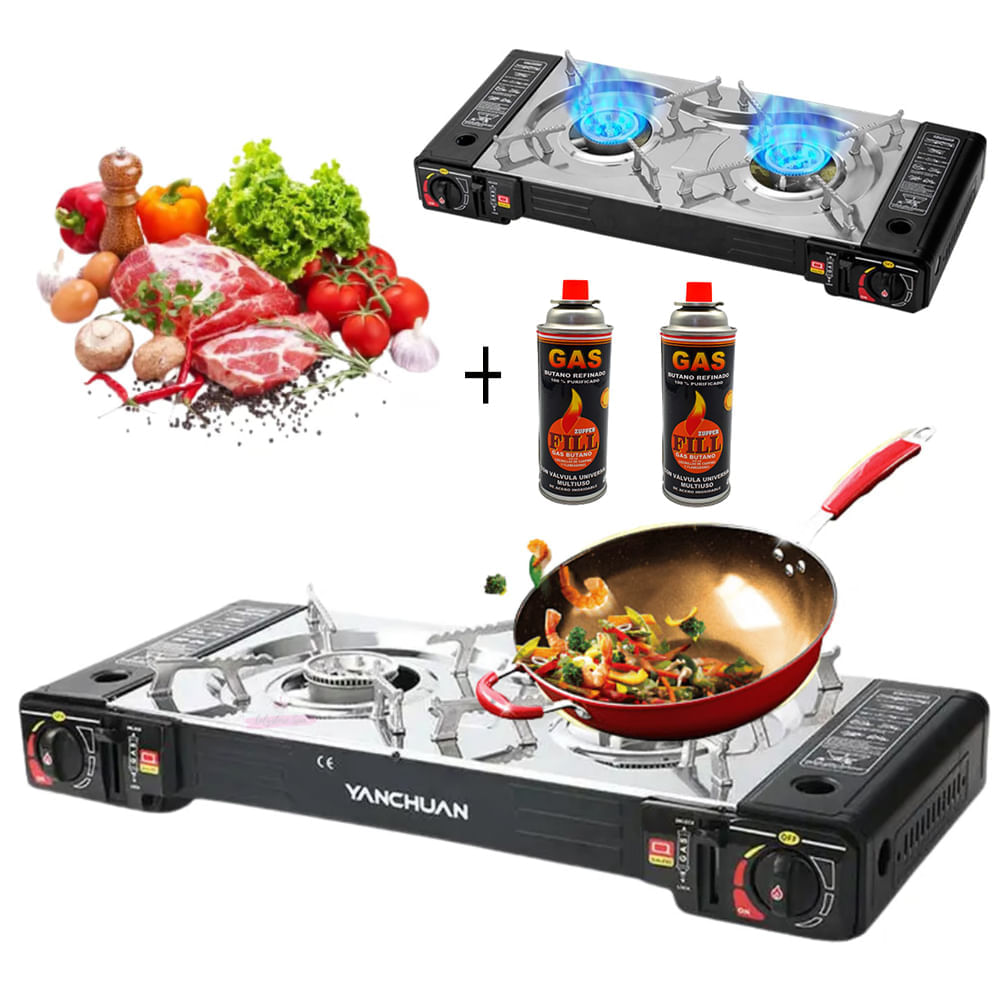 Imagen 2 del producto Cocina a gas Santofa portátil 2 hornillas, picnic camping, 2 gas butano fill 480ml