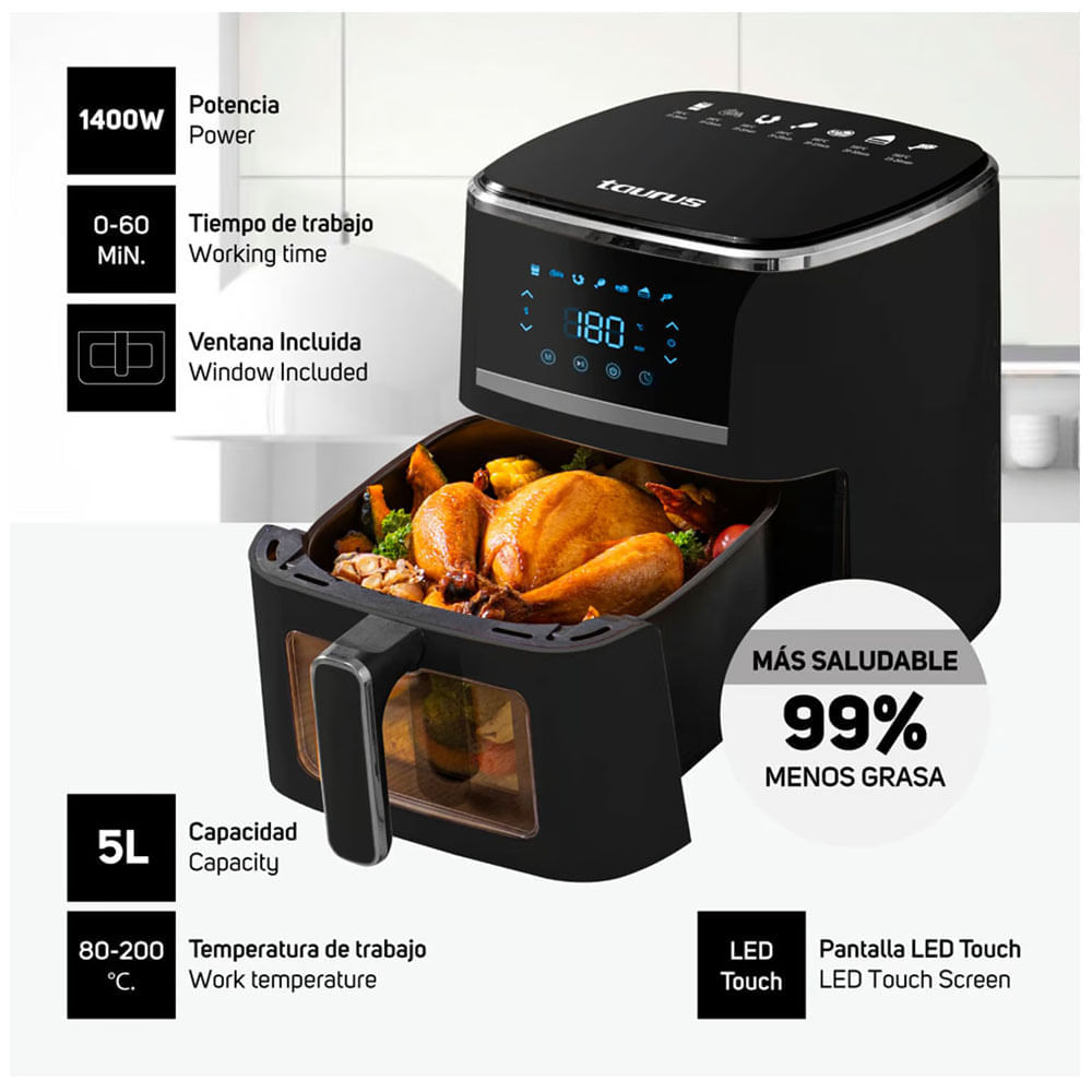 Imagen 2 del producto Freidora de aire Silver Fryer, 1400W, capacidad 5 litros, pantalla LED touch, temperatura 80-220 °C, negro