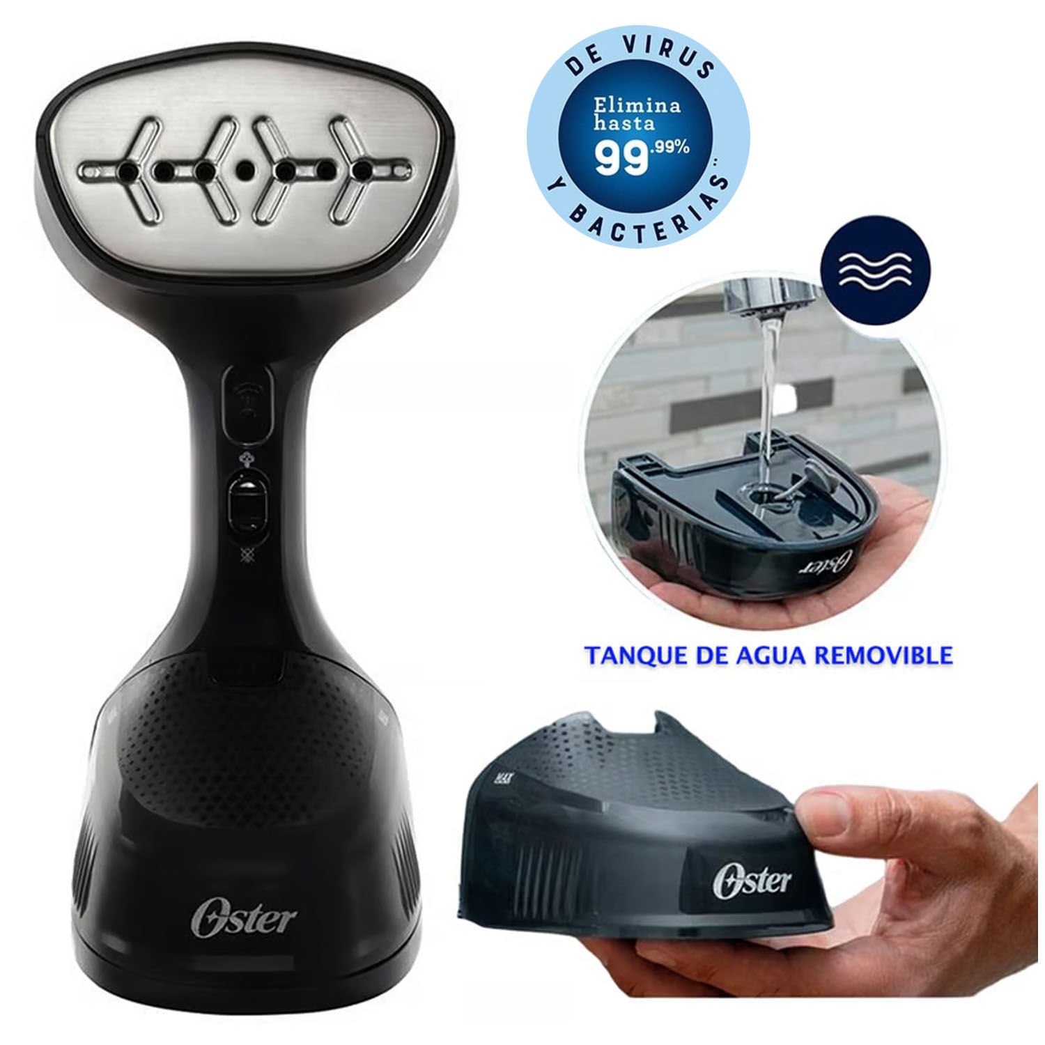 Imagen 2 del producto Vaporizador de prendas Oster GCSTES101 portátil, potente golpe de vapor, 240 ml, negro