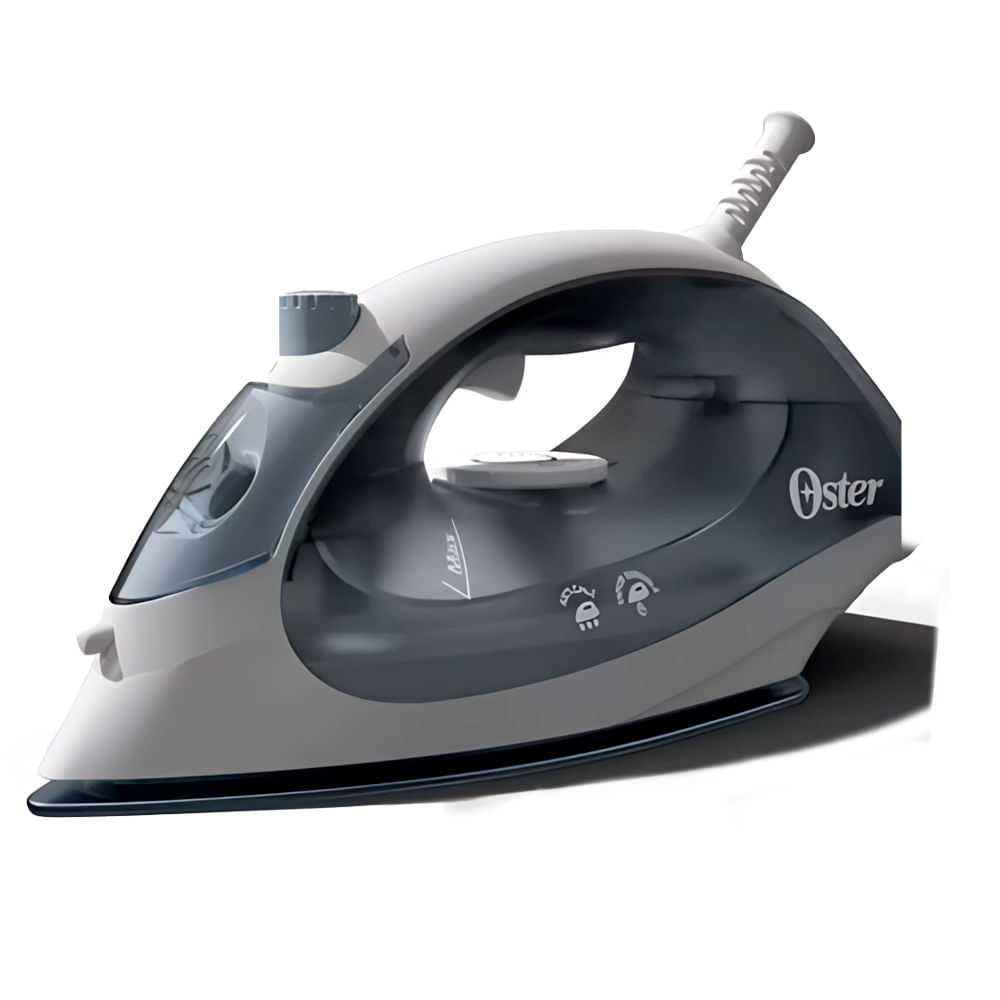 Plancha Oster, compacta, suela antiadherente, 1400W, vapor continuo, control de temperatura, celeste