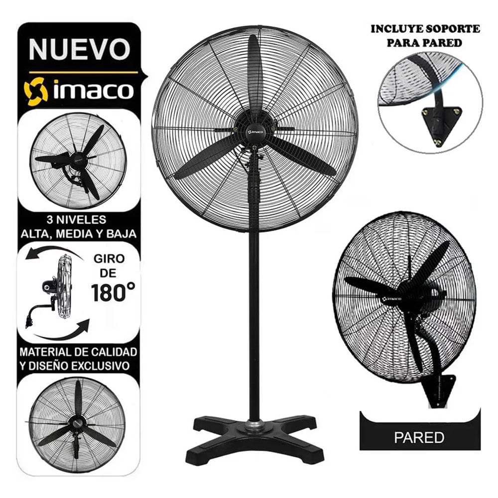 Imagen 2 del producto Ventilador de pedestal y pared IMACO FS2623E, 26"", 220W, 3 velocidades, ajustable, versátil, negro