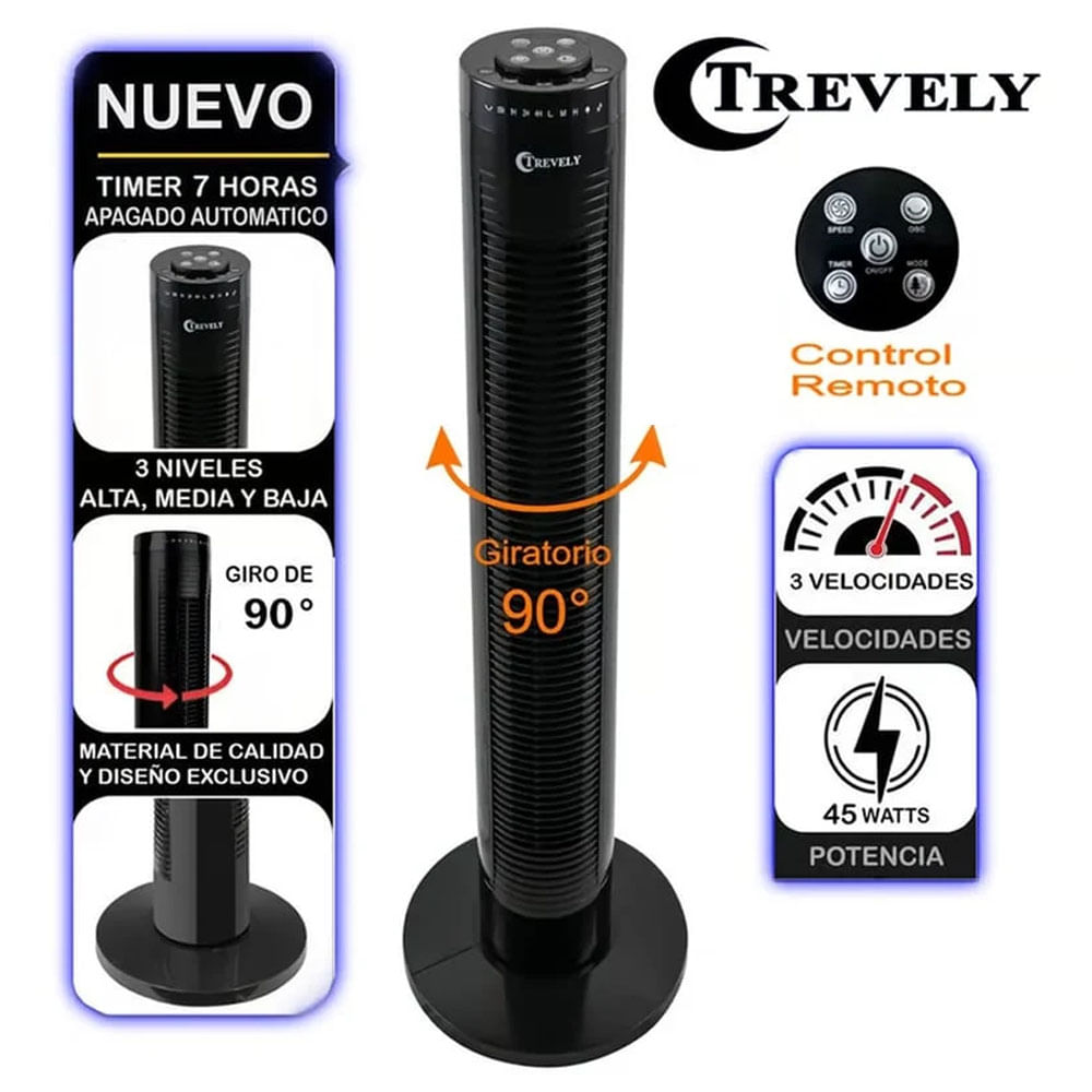 Imagen 2 del producto Ventilador de torre Trevely VT-145 32"", control remoto, 3 modos, temporizador, negro