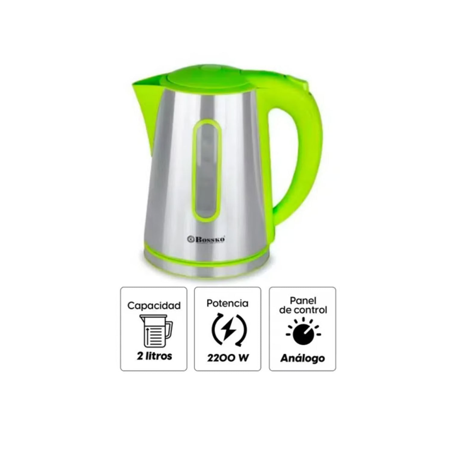 Imagen 2 del producto Hervidor eléctrico Bossko BK-208H 2200W, capacidad 2 litros, acero inoxidable, verde