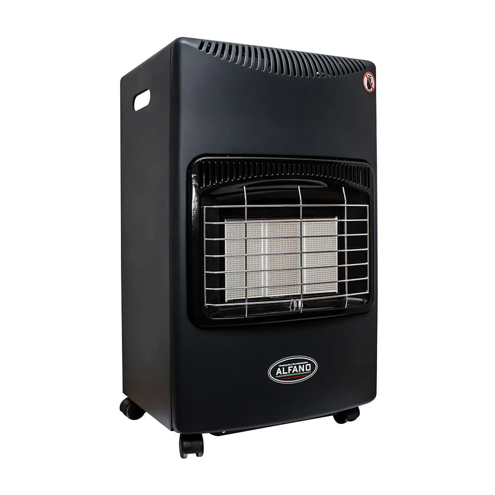Estufa a gas Alfano LD-168B 4200w, GLP, para interiores, encendido por chispa, ruedas, rejilla cromada, negra