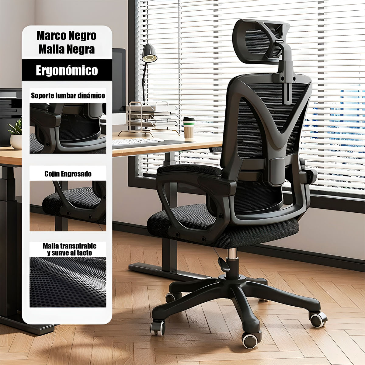 Imagen 2 del producto Silla giratoria Haven, C258, reclinación, soporte lumbar, cabecera ajustable, negro