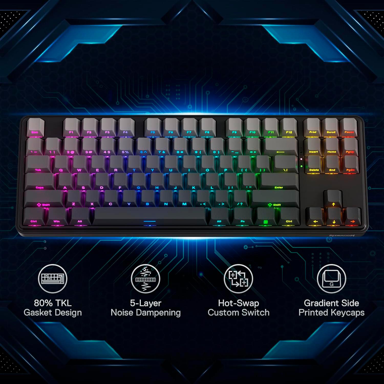 Imagen 2 del producto Teclado gamer inalámbrico Redragon Star Blade Pro K70, bluetooth, mecánico, idioma inglés, RGB, negro