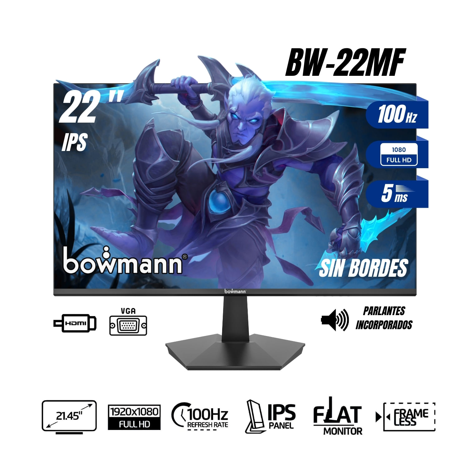 Imagen 2 del producto Monitor gamer 22'' Bowmann BW-22MF IPS, Full HD (1920x1080), 100Hz, 5ms, HDMI,VGA