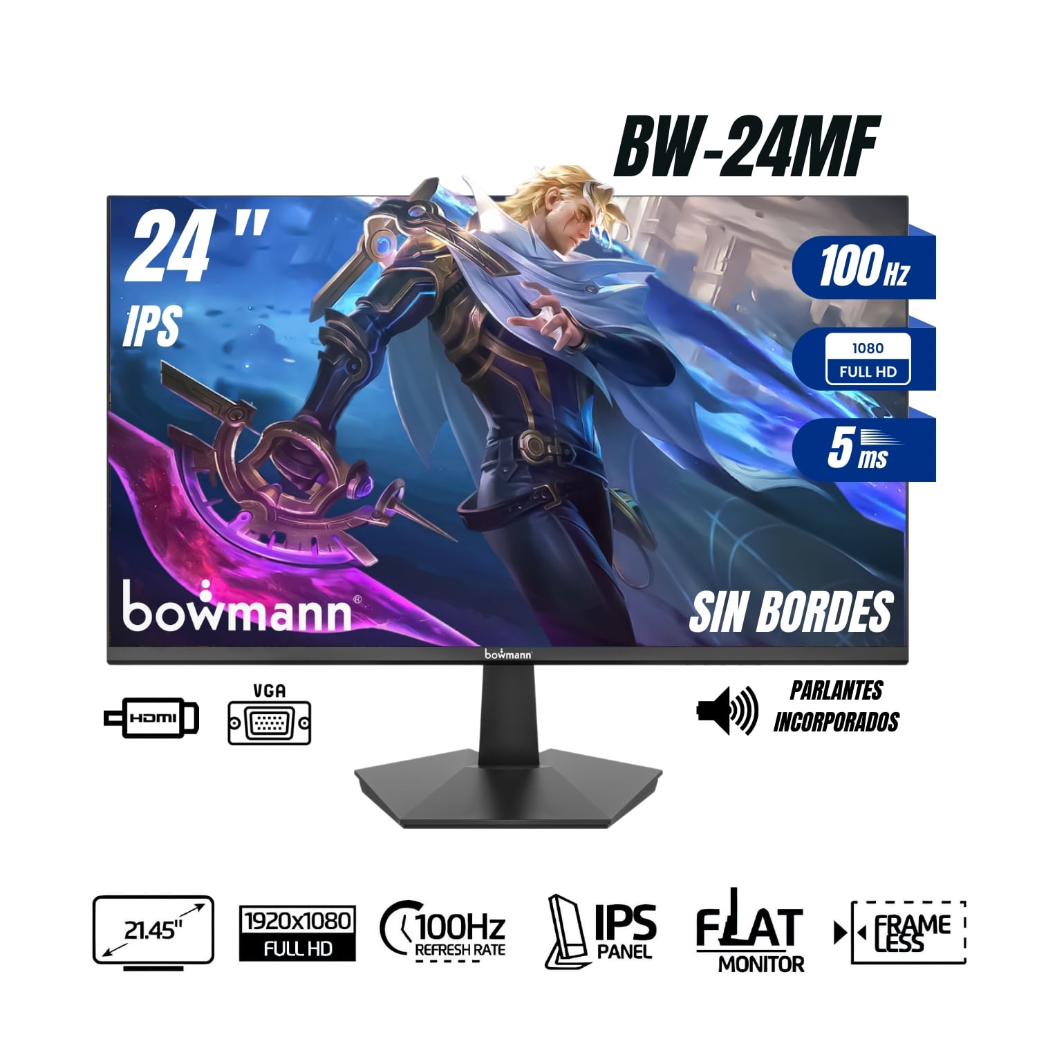 Imagen 2 del producto Monitor gamer plano 24'' Bowmann BW-24MF IPS, Full HD (1920x1080), 100Hz, 5ms, HDMI, VGA