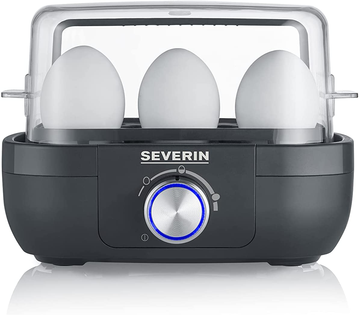 Hervidor de huevos Severin EK 3166 420W, capacidad 6 huevos, 3 niveles, con control de cocción, revestimiento antiadherente, negro