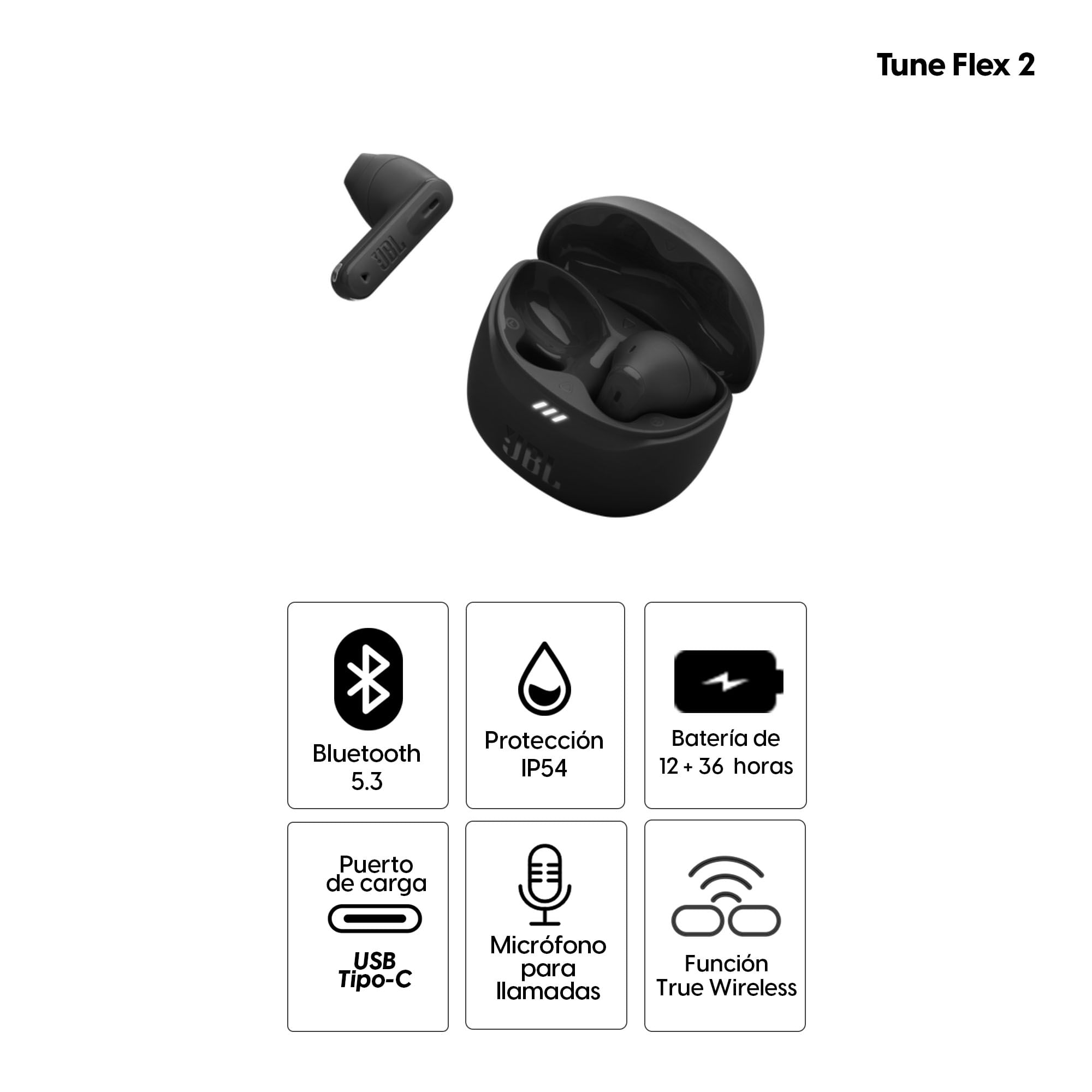 Imagen 2 del producto Audífonos bluetooth True Wireless JBL Tune Flex 2 cancelación de ruido, resistente al agua IP54, duración máx. 48 horas con estuche de carga, negro