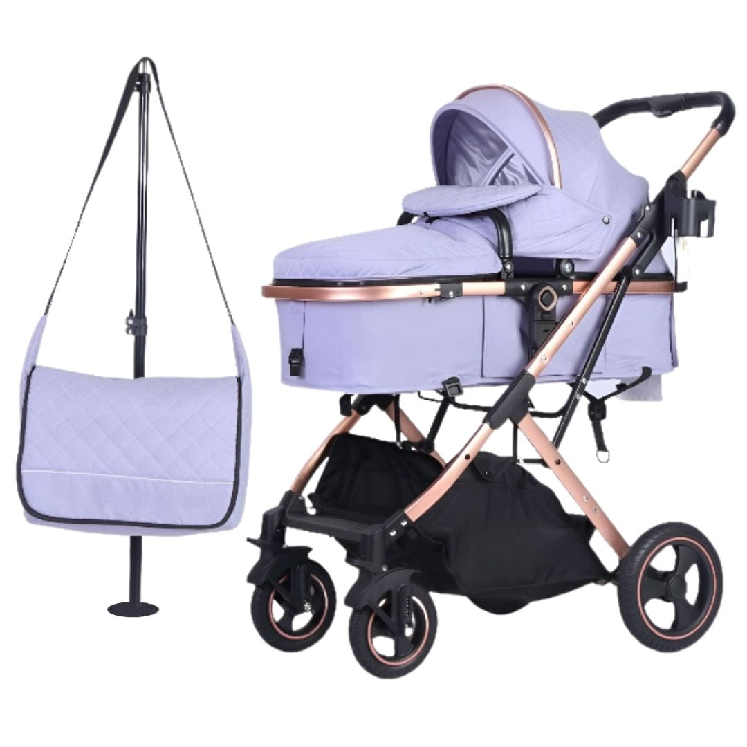 Coche moisés Barbara con bolsa pañalera, freno de un solo toque, lila