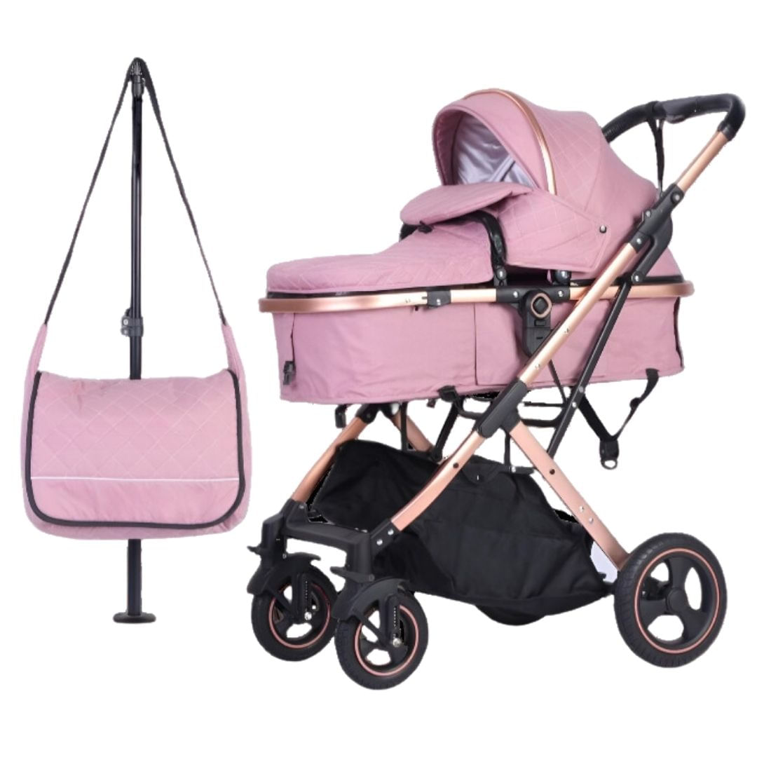 Coche moisés Barbara con bolsa pañalera, llantas de caucho, rosado