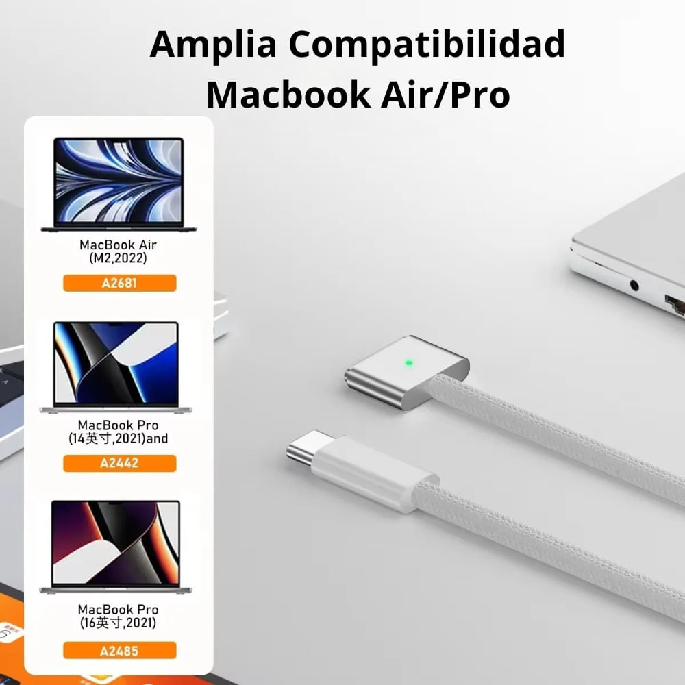 Imagen 2 del producto Cable Magsafe 3 MacBook 140W carga rápida, trenzado, 2 metros, blanco