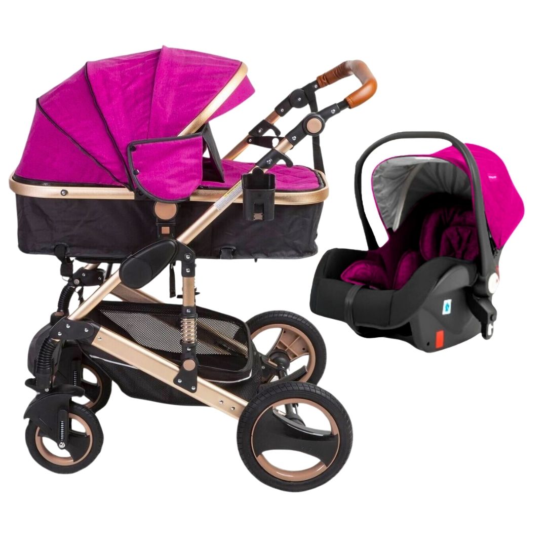 Coche cuna Travel System Zeus Voyage, porta bebé, estructura de aluminio, llantas Eva, fucsia