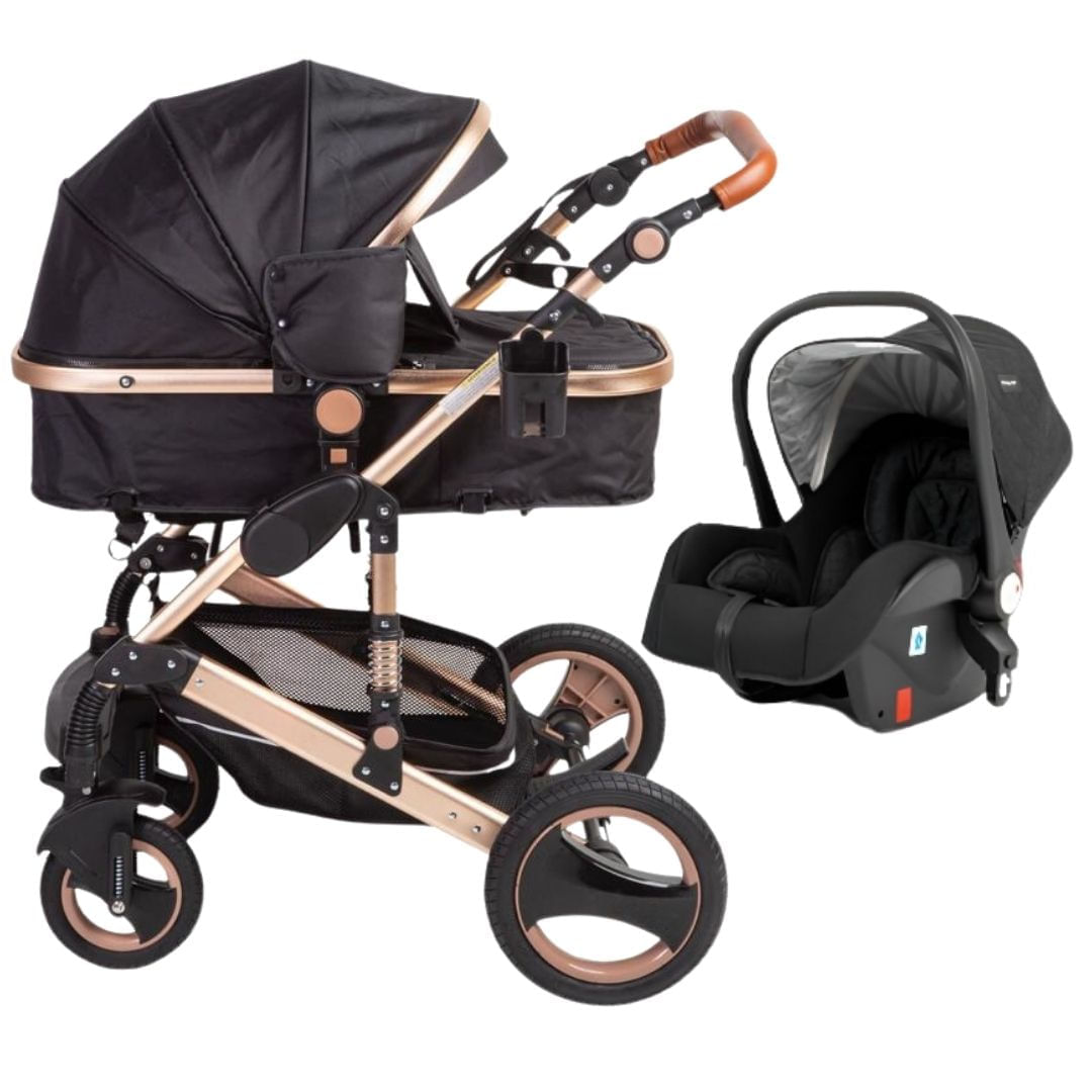 Coche cuna, Travel System, Zeus Voyage, con porta bebé, estructura de aluminio, tela antialérgica, negro