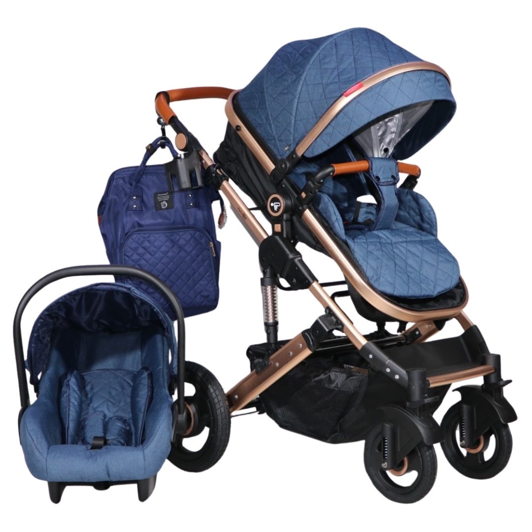 Coche moisés mini 4 en 1 Lietti Gold con portabebé, bandeja de comer, azul