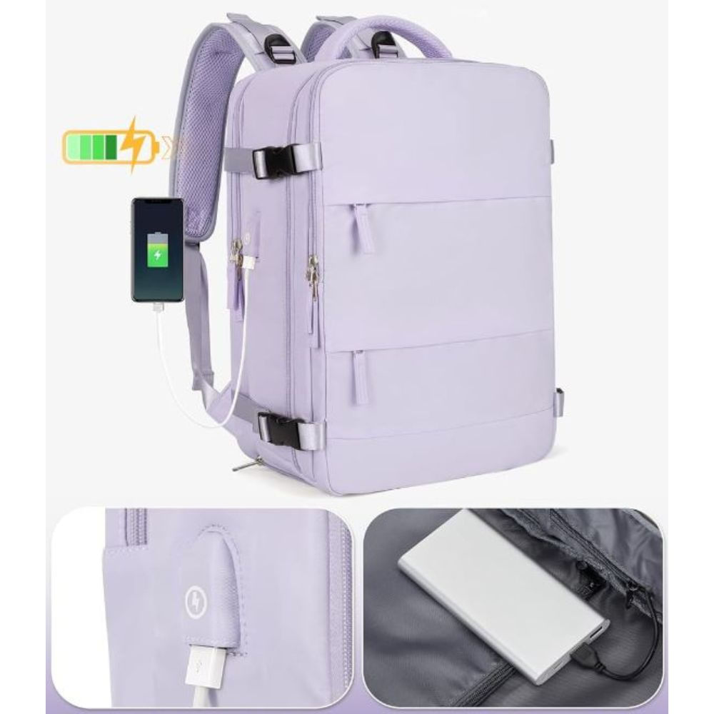 Imagen 2 del producto Mochila viajera de cabina, puerto USB, compartimento para calzado, diseño antirrobo, morado