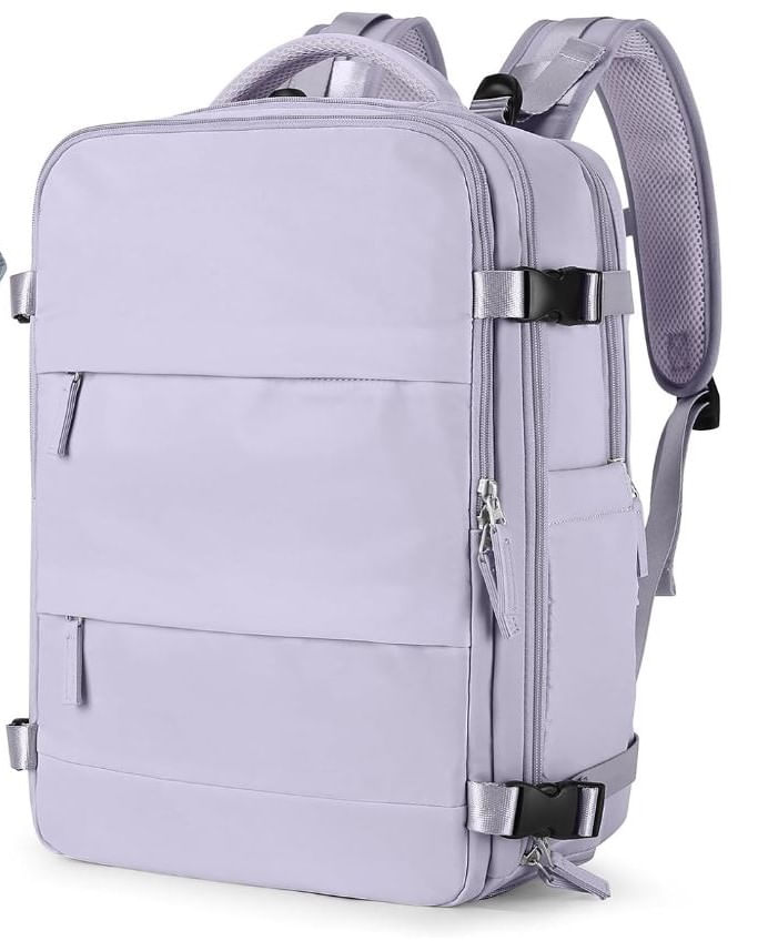 Mochila viajera de cabina, puerto USB, compartimento para calzado, diseño antirrobo, morado