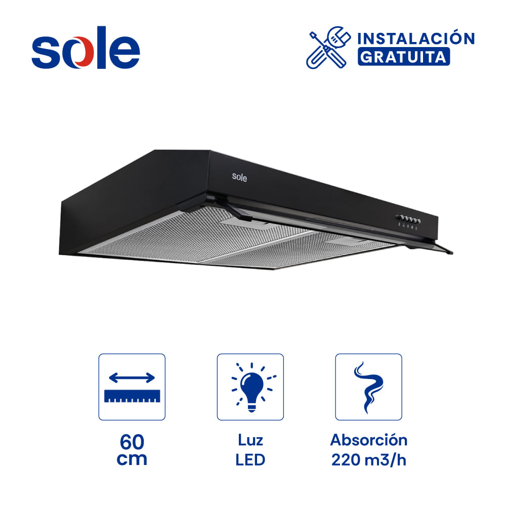 Imagen 2 del producto Campana extractora Sole Nyx 60cm, 80W, 3 niveles de absorción, negro