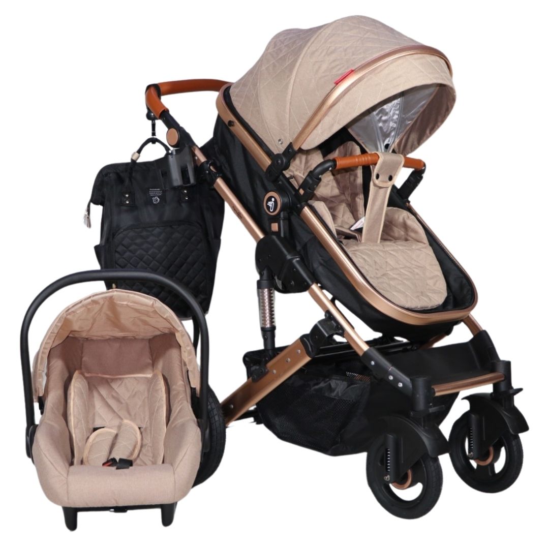 Coche moisés mini 4 en 1 Lietti Gold con portabebé, con bandeja de comer, beige