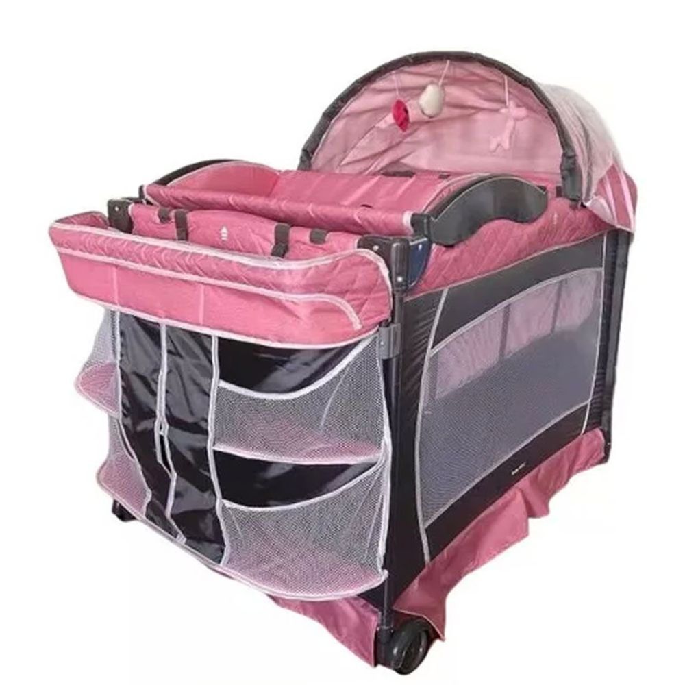 Cuna corral Baby Kits Verona mecedora, colchón 4", capota, cambiador, módulo musical, 2 niveles, rosado