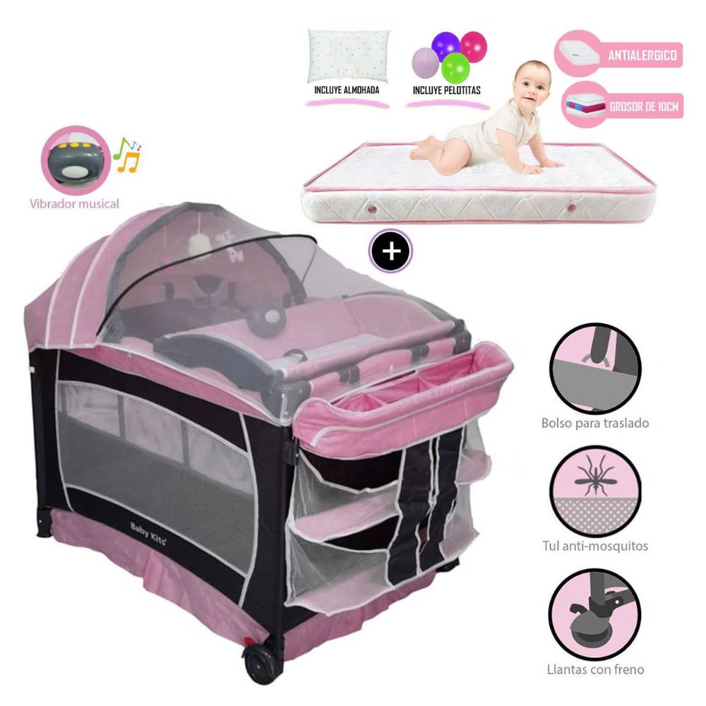 Imagen 2 del producto Cuna corral Baby Kits Verona mecedora, colchón 4"", capota, cambiador, módulo musical, 2 niveles, rosado