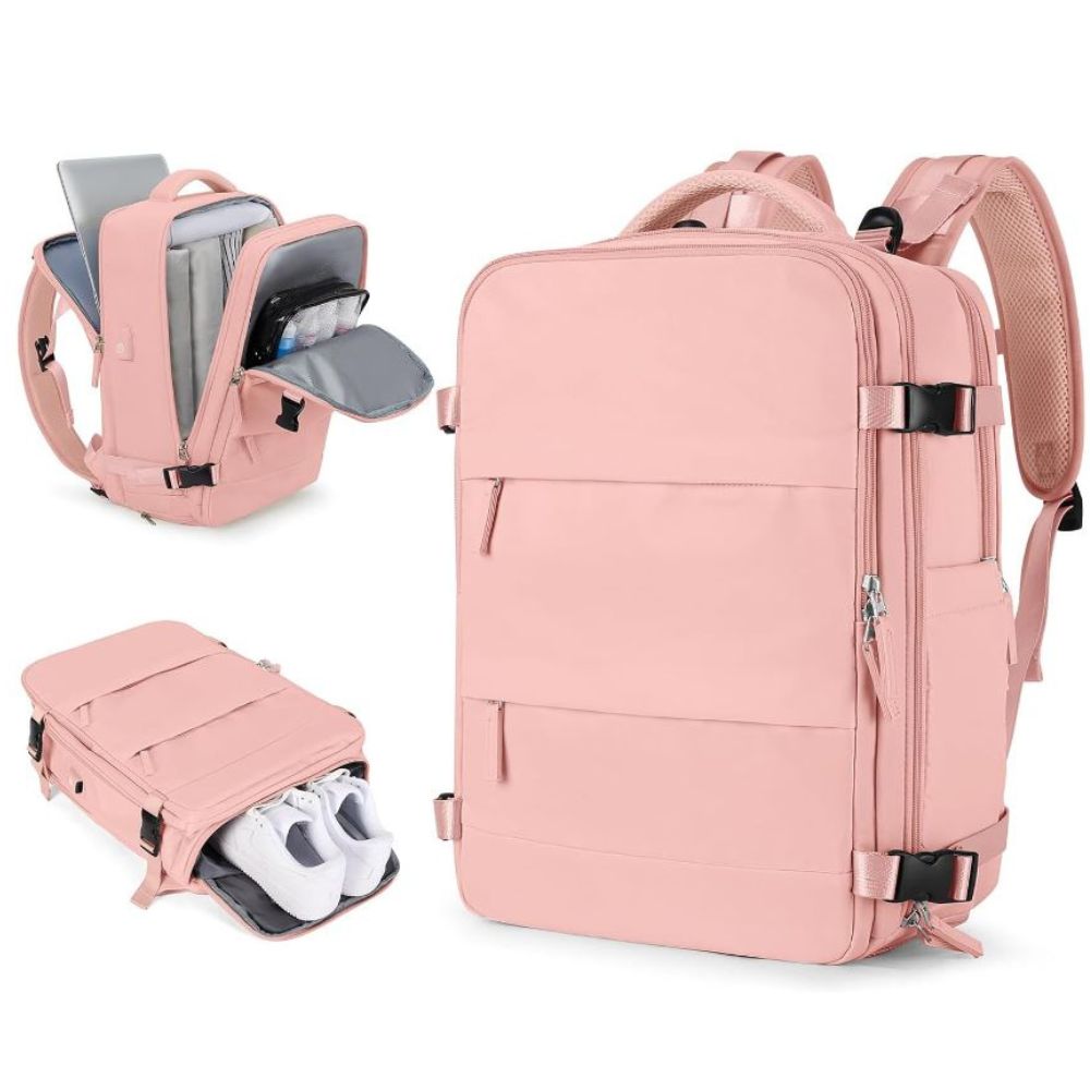 Imagen 2 del producto Mochila viajera de cabina, puerto USB, compartimentos múltiples, antirrobo, rosado