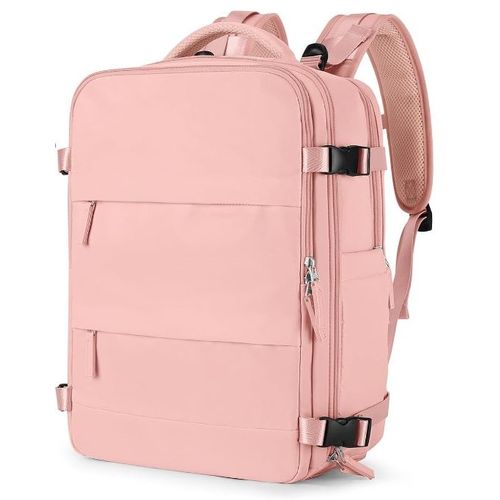 Mochila viajera de cabina, puerto USB, compartimentos múltiples, antirrobo, rosado