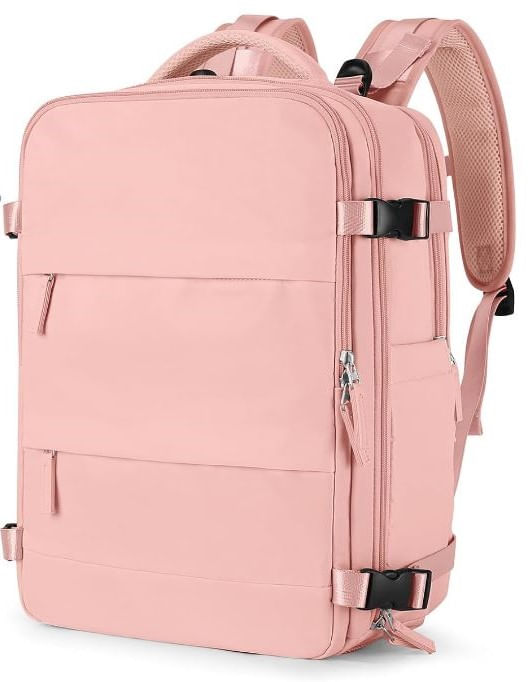 Mochila viajera de cabina, puerto USB, compartimentos múltiples, antirrobo, rosado