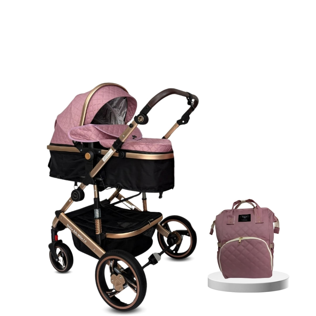Coche moisés L’milane de lujo 3 en 1, llanta de caucho, rosado
