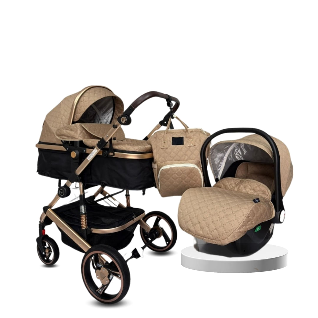 Coche moisés L’milane de lujo 3 en 1, llanta de caucho, estructura de metal, beige