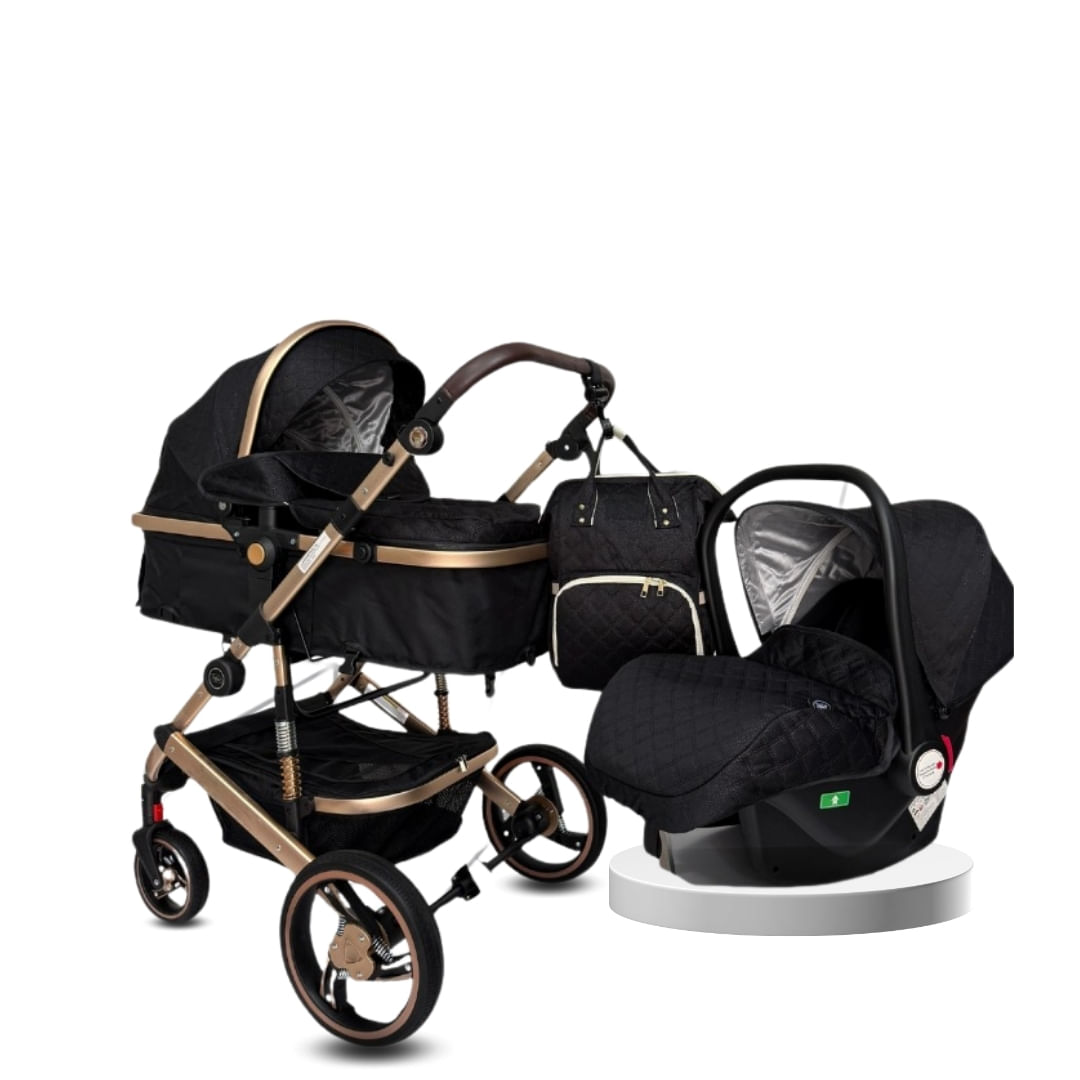 Coche moisés L’milane de lujo 3 en 1, llanta de caucho, estructura de metal, negro