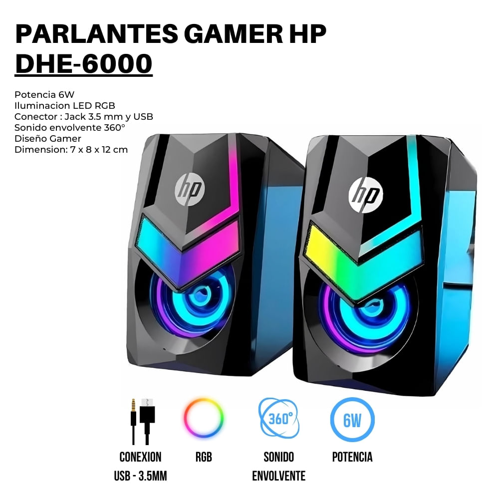 Imagen 2 del producto Parlante gamer HP DHE-6000, 6W, USB + jack 3.5mm, luces RGB, 52mm, sonido envolvente, compactos, negro