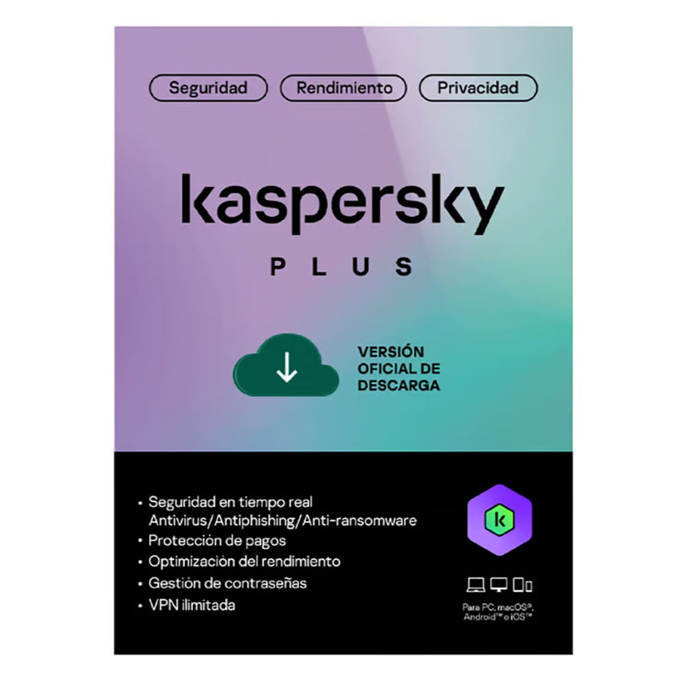 Antivirus Kaspersky Plus licencia digital, 1 dispositivo, 1 año, código online, protección Windows