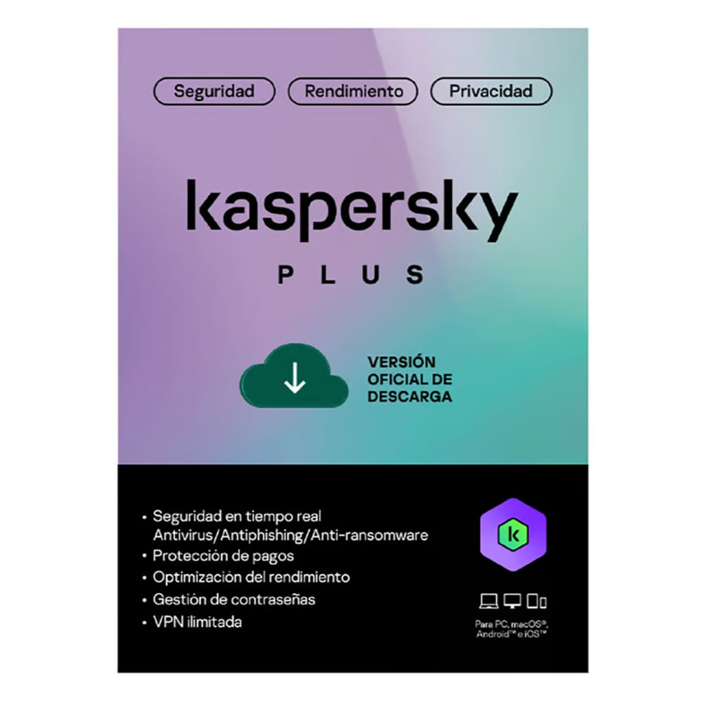 Antivirus Kaspersky Plus licencia digital, 5 dispositivos, 1 año, código online, protección Windows