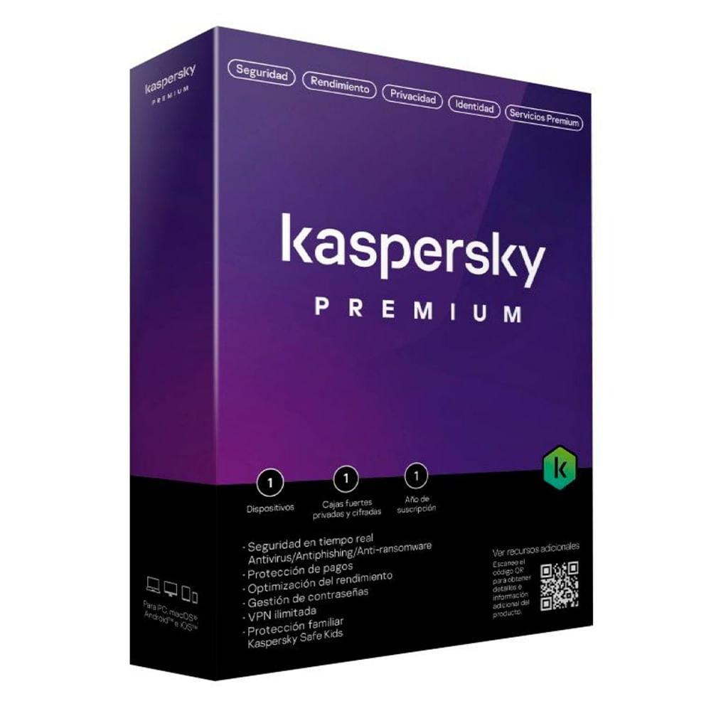 Antivirus Kaspersky Premium, licencia digital, 5 dispositivos, 1 año, protección avanzada Windows
